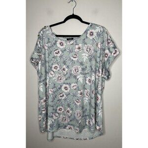 AUW Women's Plus Green Floral Stretch Top Shirt Blouse Top Short Sleeve Size 3X